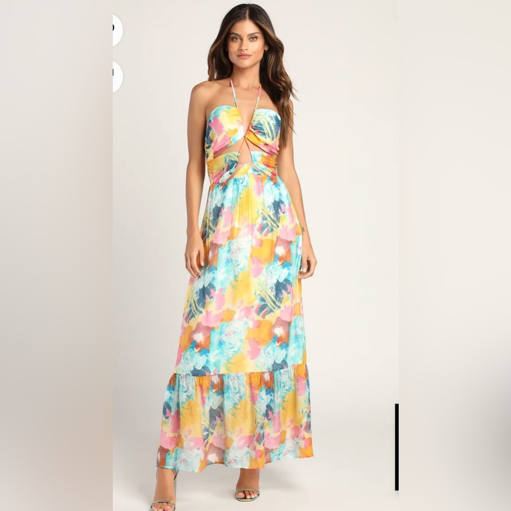 Lulus Multicolor Abstract Halter Maxi Dress Size M Tie Cut Out